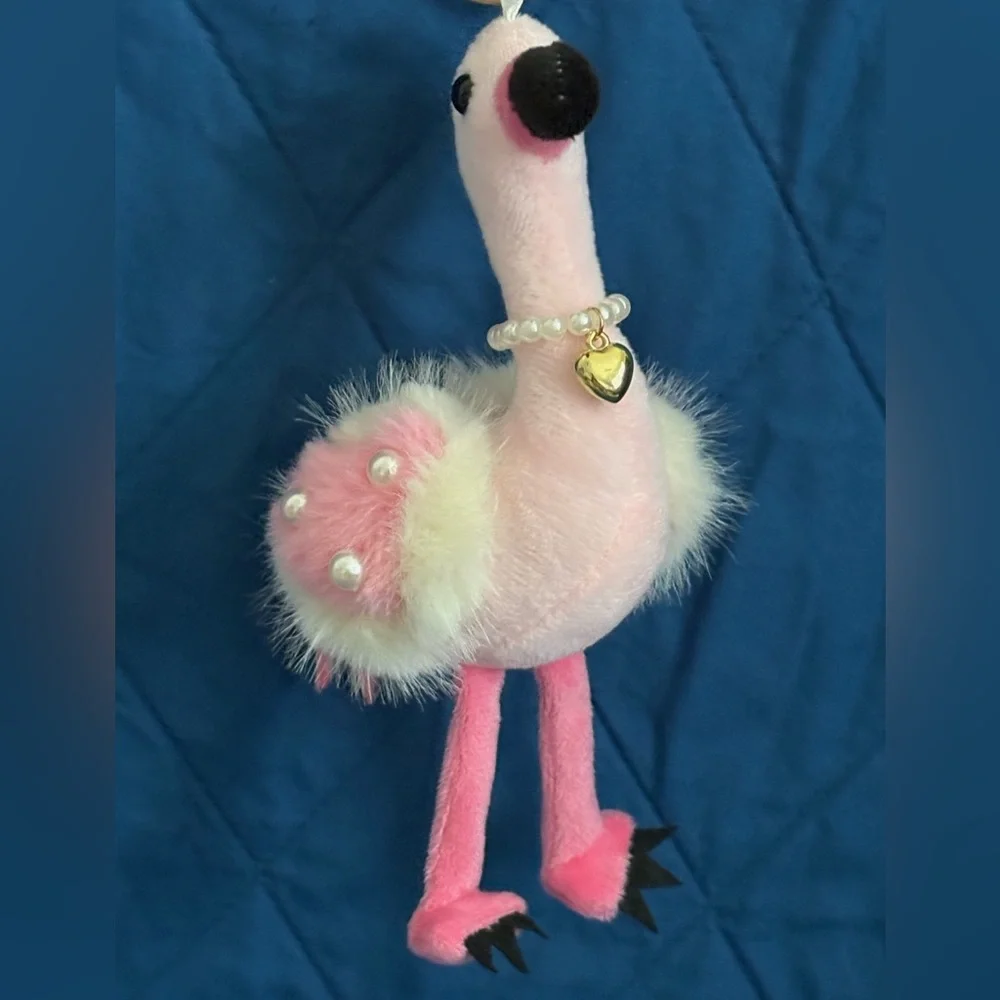 Natasha Couture Fluffy Pink Flamingo Faux Pearl Necklace Handbag Charm Key Chain